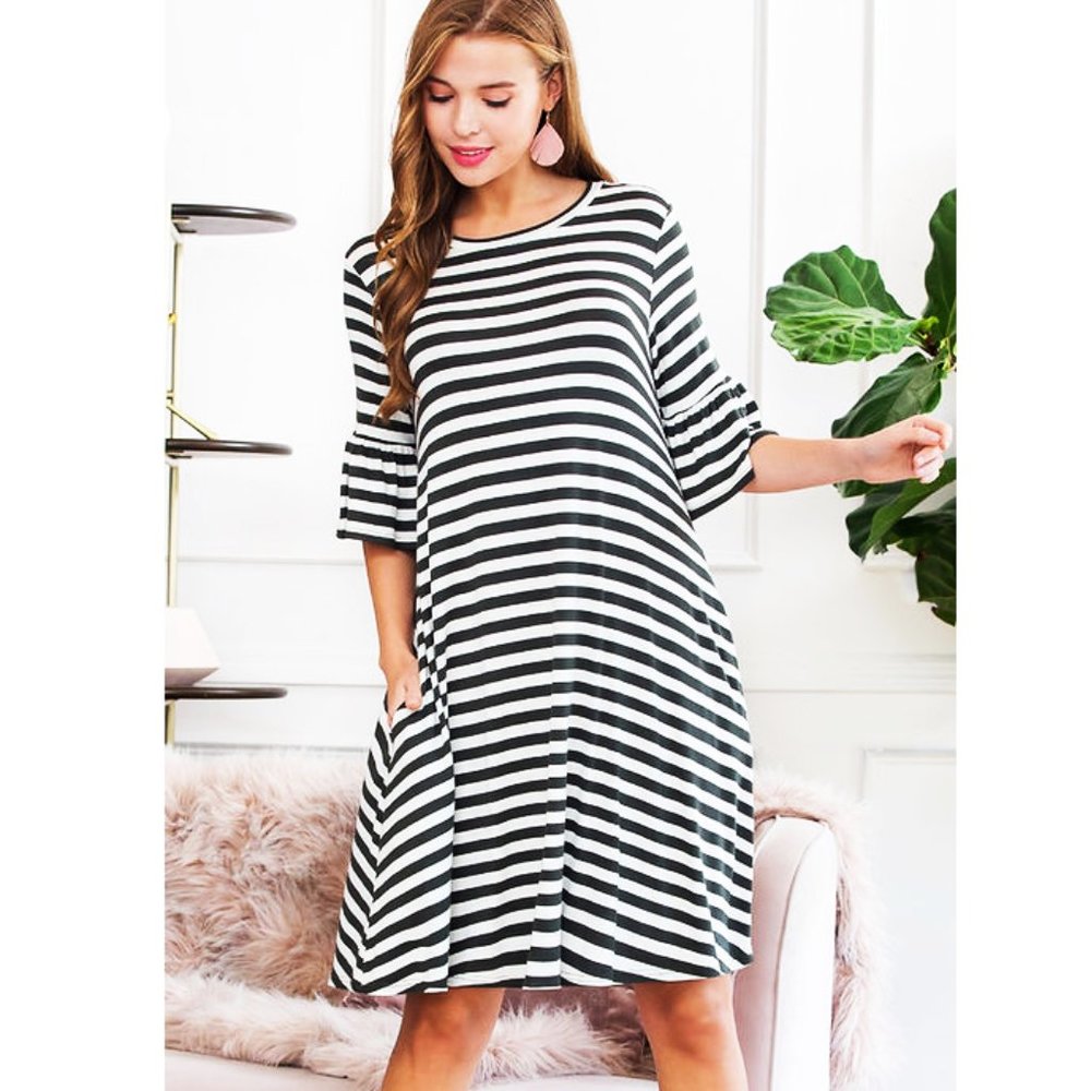 Jersey Knit Midi Dress Pockets  Bell Sleeve Black White L Reborn J